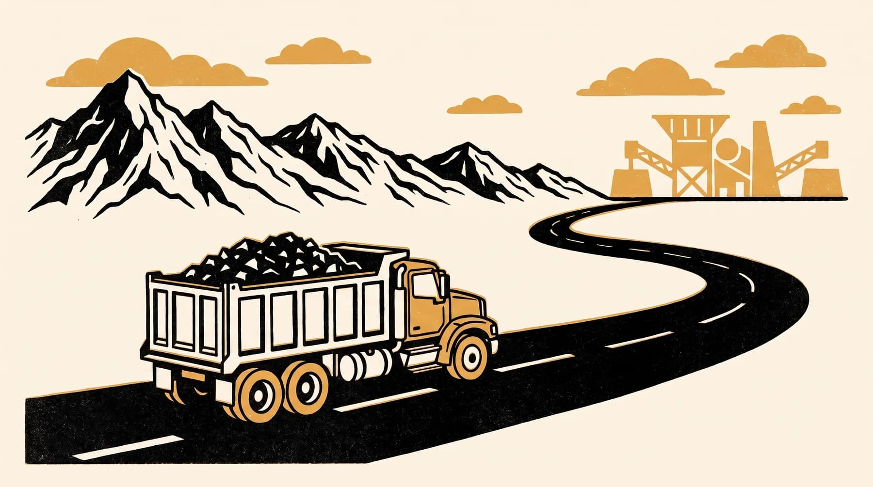 Screenprint illustration of a loaded dump truck hauling aggregate on a highway toward a delivery site.