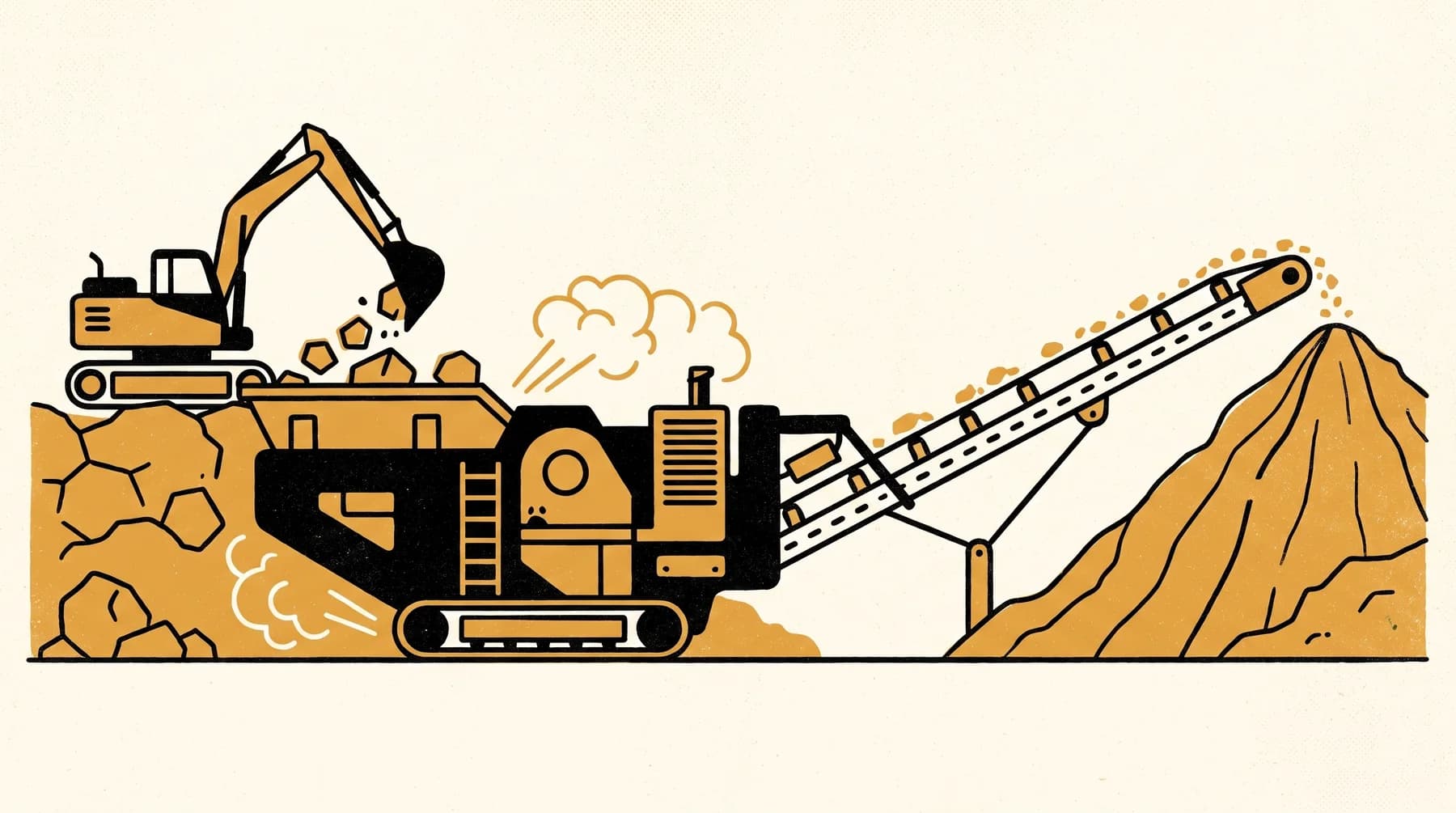 Screenprint illustration of a mobile crusher working on a job site, an excavator feeding it and a growing aggregate pile.
