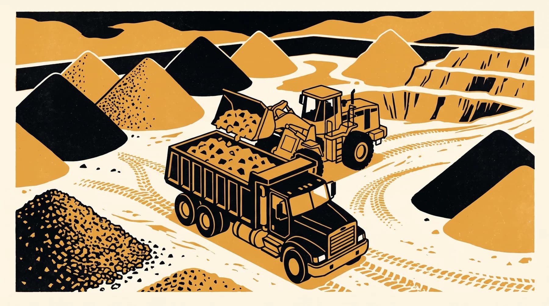 Screenprint illustration of a wheel loader filling a customer's dump truck with aggregate at the pit.